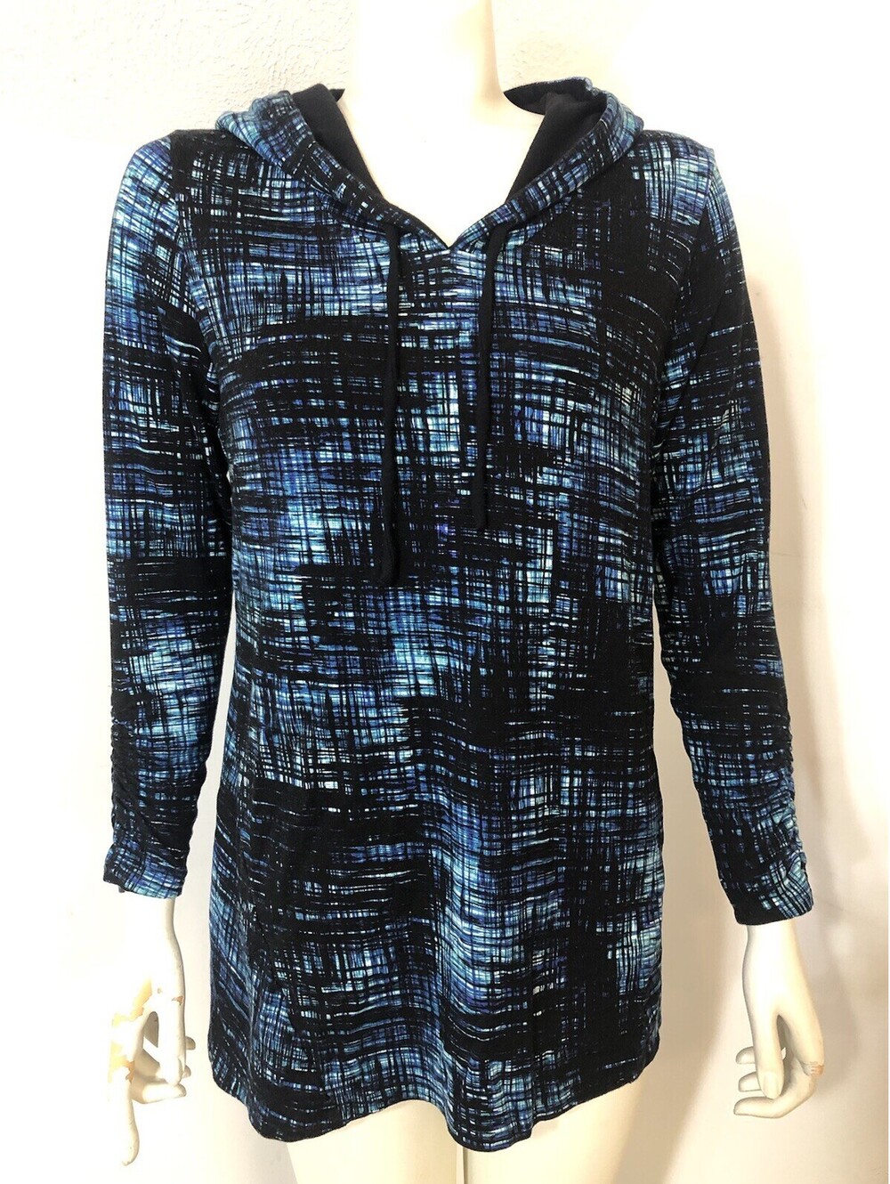 Soma Live Lounge Wear Womens Small Hooded Pullover Black Blue Ruched Sleeves